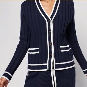 Faherty Game Set Cardigan in Navy Blue with White Trim